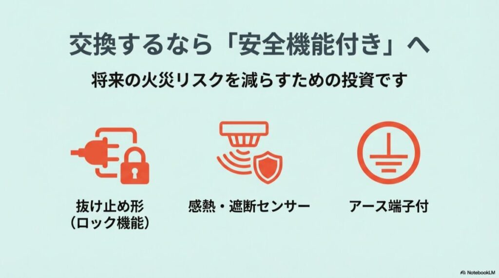 抜け止めロック、感熱センサー、アース端子の各機能をアイコンで紹介する図