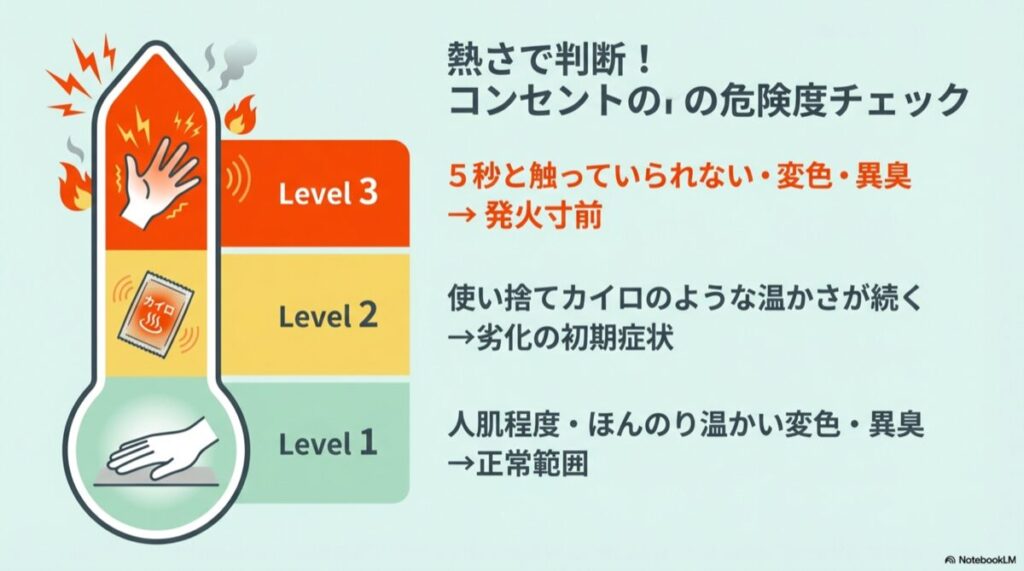 安全・要注意・危険の3段階で、熱さの目安(人肌、カイロ、5秒触れない等)をまとめた表