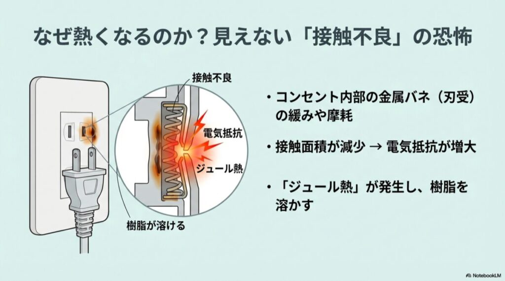 コンセント内部の金属バネが緩み、接触面積が減って火花と熱が発生し樹脂が溶ける図解