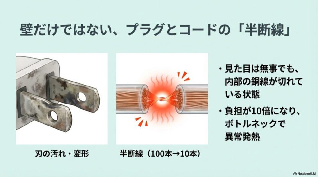 汚れたプラグの刃と、内部の銅線が数本しか繋がっていない半断線状態のコードが発熱するイラスト