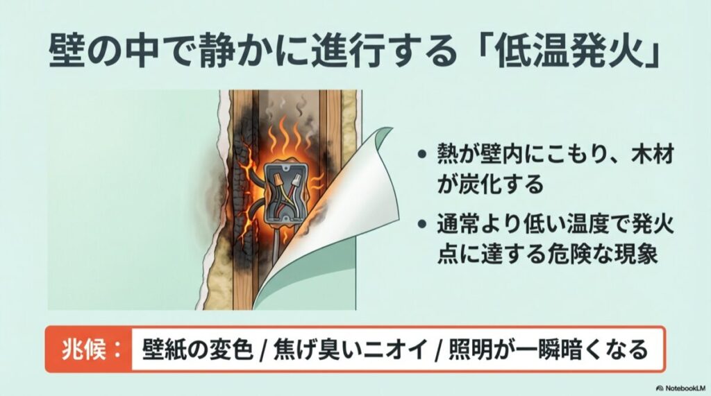 壁紙がめくれた内側で、コンセントボックス周りの木材が黒く炭化し発火している様子