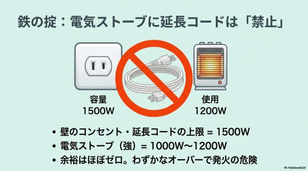 壁コンセントの上限1500Wに対し、電気ストーブ単体で1200Wを消費し余裕がないことを示す図