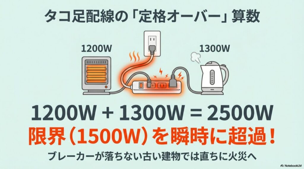電気ストーブ1200Wと電気ケトル1300Wを同時に使い、上限1500Wを大幅に超える合計2500Wの図解