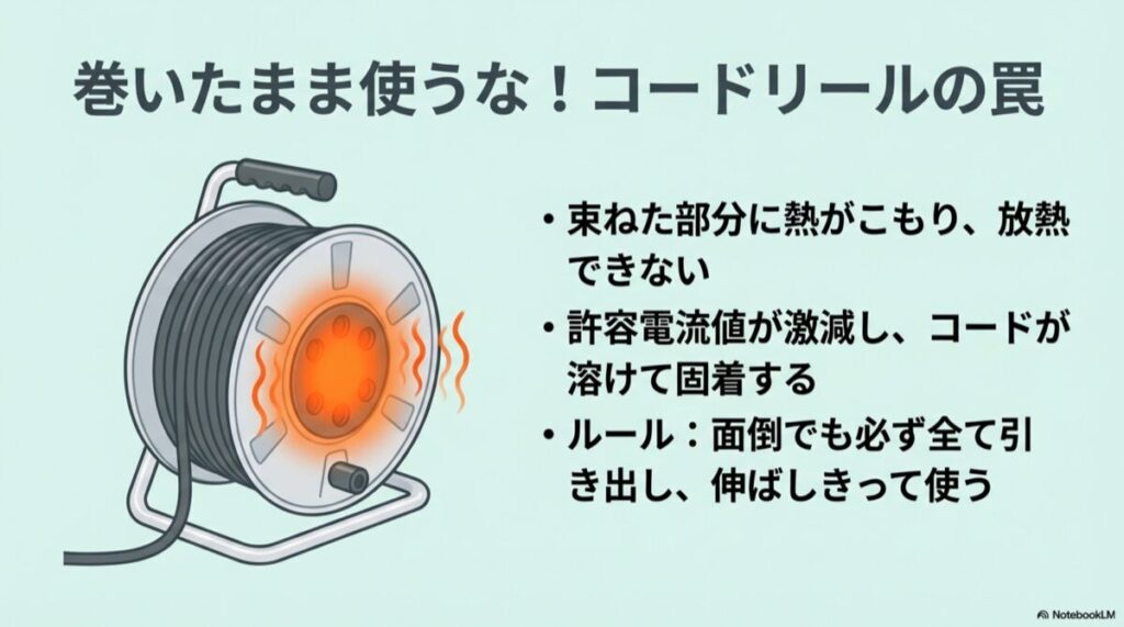 巻いた状態のコードリールの中央部が異常発熱し、赤くなっている注意喚起イラスト