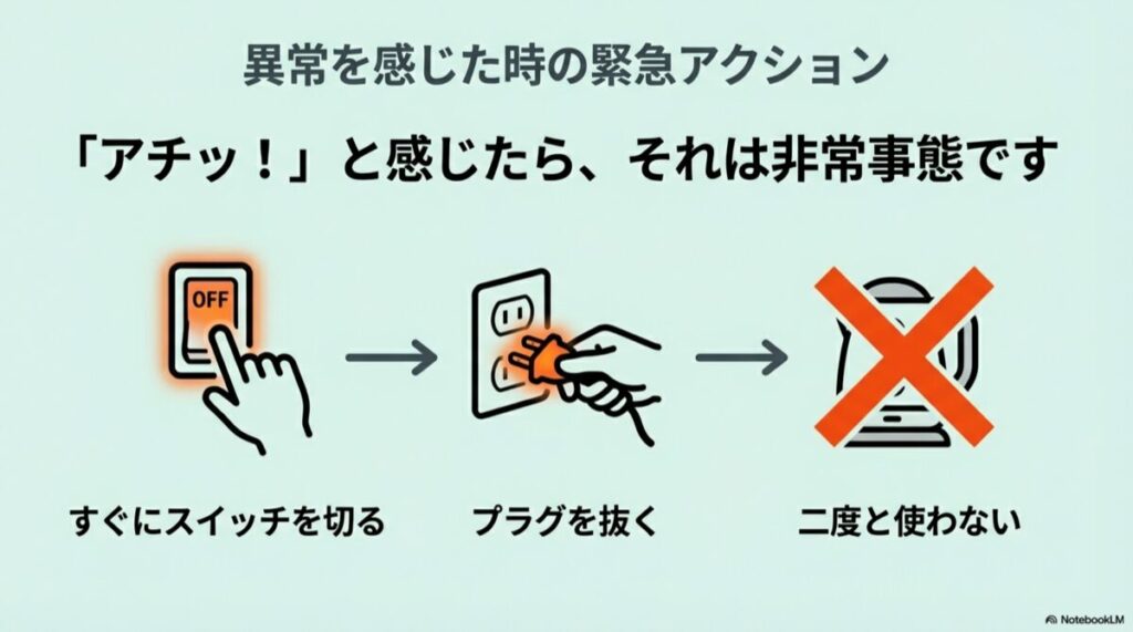 スイッチを切る、プラグを抜く、二度と使わないの3工程を矢印で示したアイコン図
