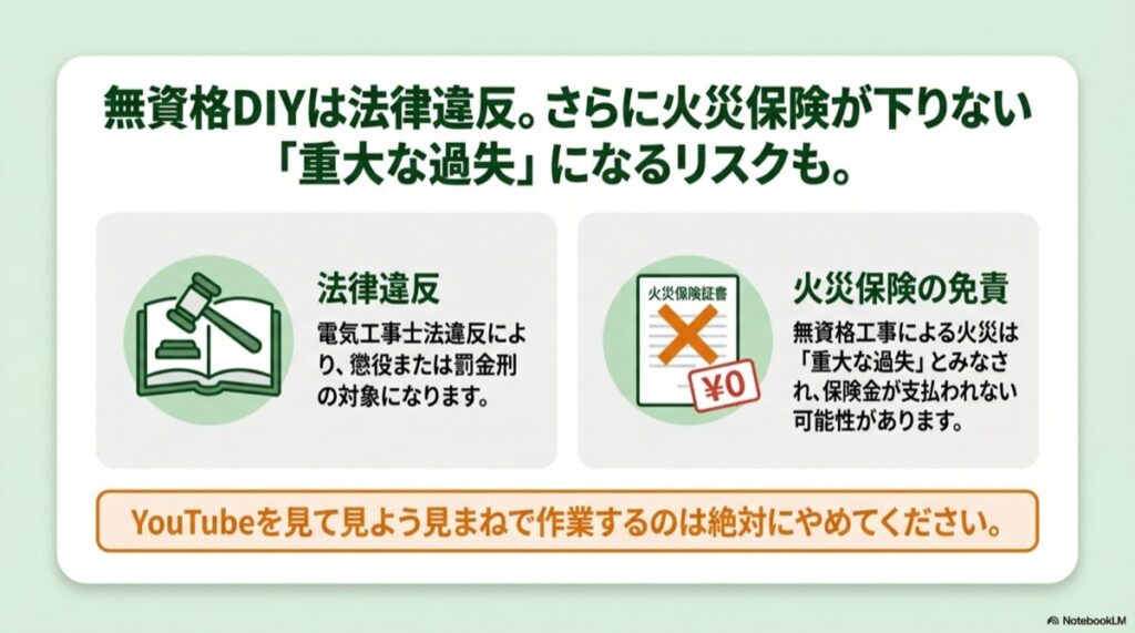 法律違反による罰金・懲役のリスクと、火災保険が下りない(0円)ことを示す警告イメージ