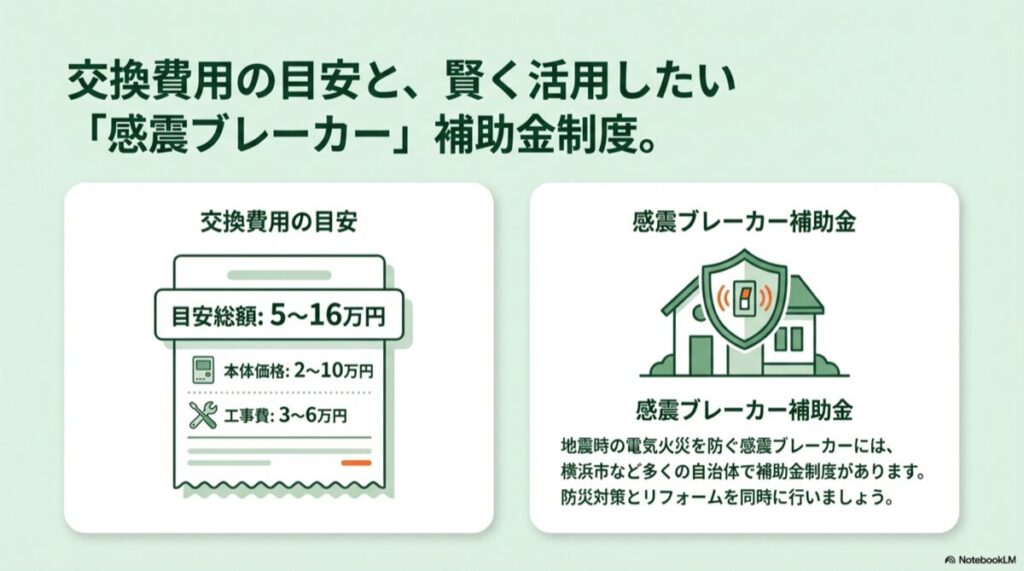 交換費用の内訳(5〜16万円)と、家を守る盾の形をした感震ブレーカーのイメージ