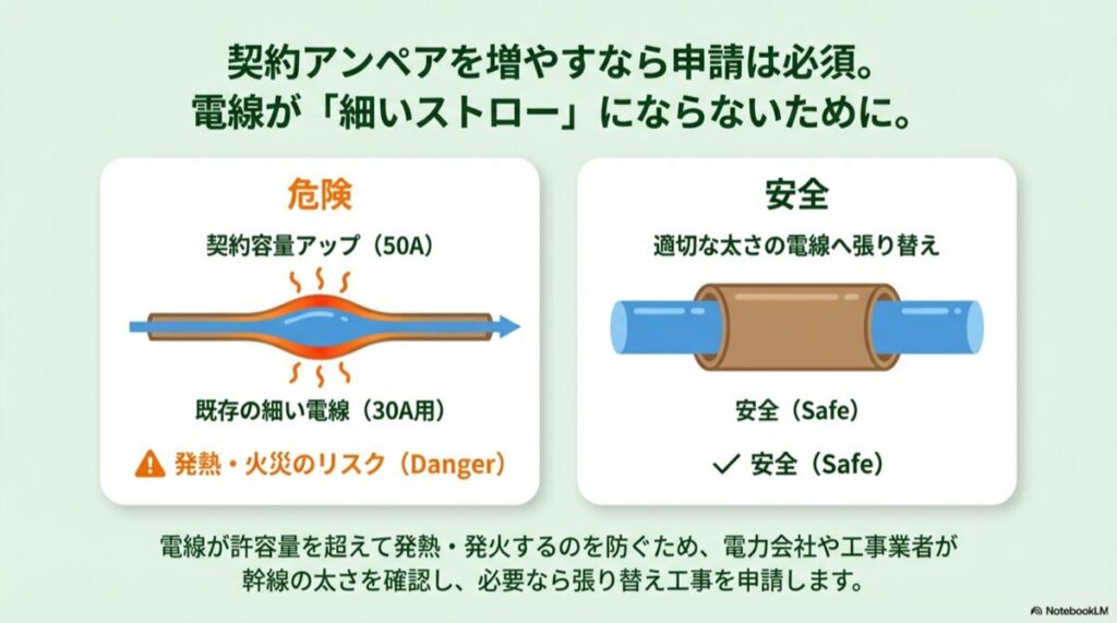 細い電線(30A用)に過大な電流を流すリスクと、適切な太さの電線に張り替えた安全な状態の比較図
