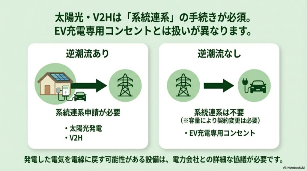 逆潮流(電気を戻す)がある太陽光・V2Hは系統連系申請が必要で、充電専用コンセントとは扱いが異なることを示す比較