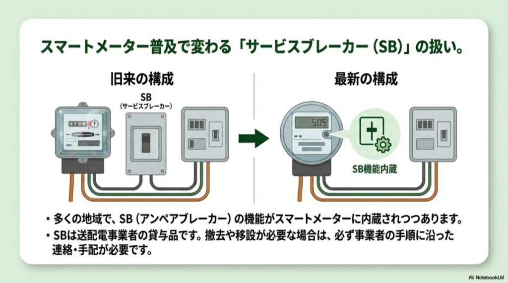 従来のSBがある構成と、SB機能が内蔵された最新スマートメーターの構成比較図