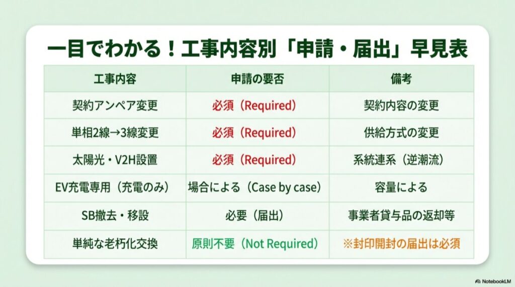 契約変更、単3変更、太陽光設置などの工事別に、申請の要否と備考をまとめた一覧表
