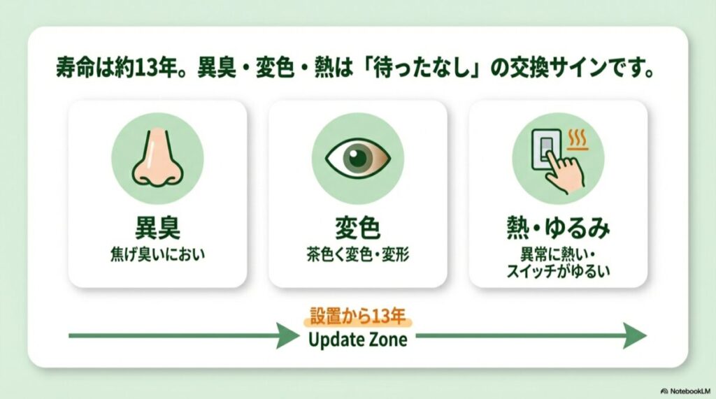 設置から13年が目安であることと、異臭・変色・熱といった具体的な異常個所のイラスト