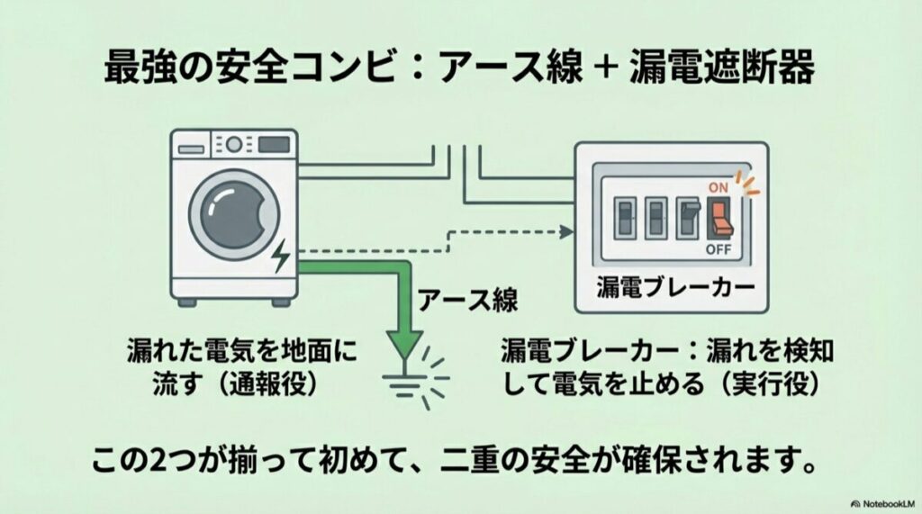 アース線が電気を逃がし、漏電遮断器が電気を止めるという二重の安全対策を示した図解