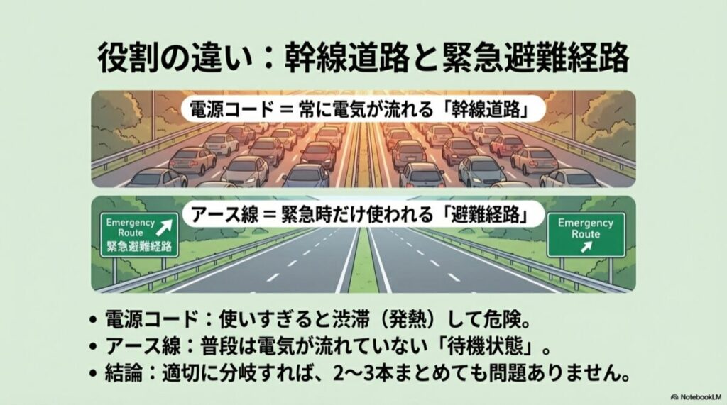 電源コードを常に車が通る幹線道路、アース線を緊急時のみ使う避難経路に例えた比較イラスト