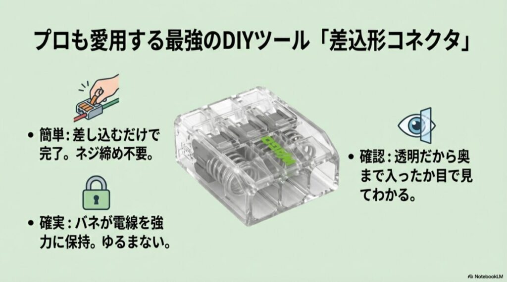透明な差込形コネクタ(WAGO)にアース線を差し込もうとしている様子
