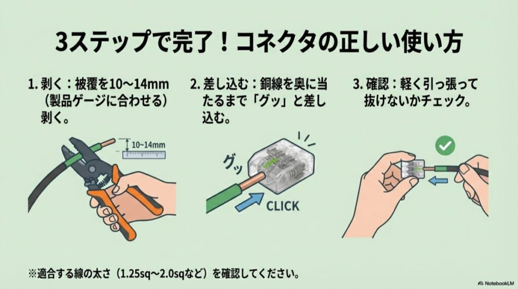被覆を剥く、差し込む、引っ張って確認するというコネクタ接続の3段階手順図