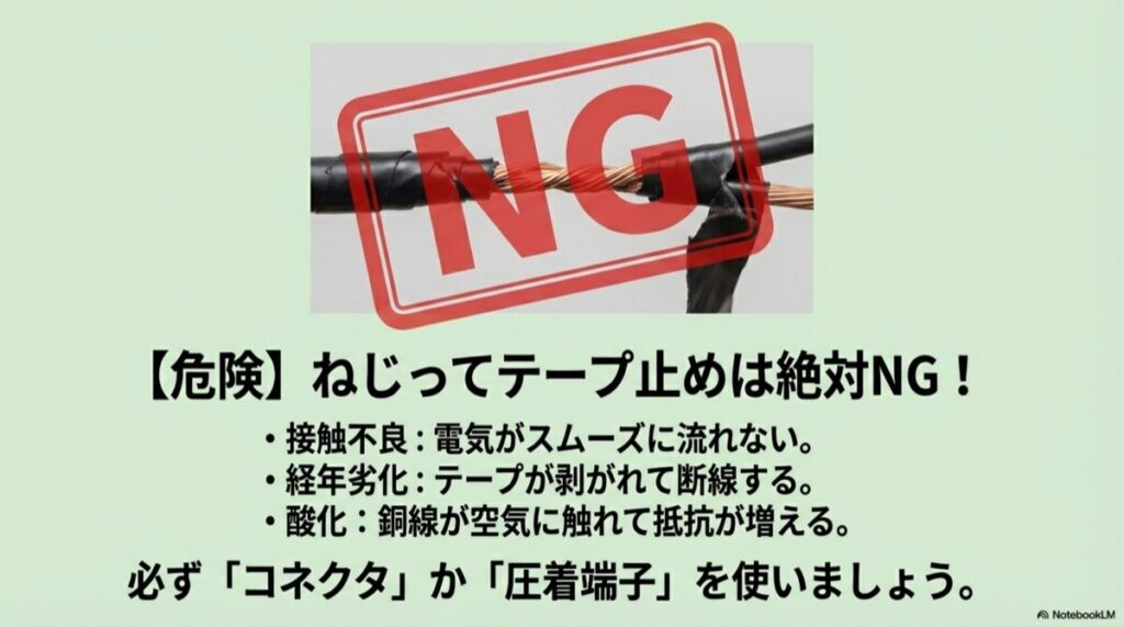 電線をねじってビニールテープで止めただけの接続に「NG」と大きく書かれた警告画像
