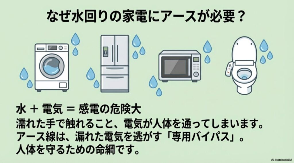洗濯機、冷蔵庫、電子レンジ、温水洗浄便座などの水回り家電と水滴のイラスト
