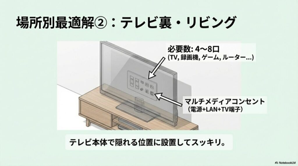テレビ本体で隠れる位置に設置されたマルチメディアコンセントの図解
