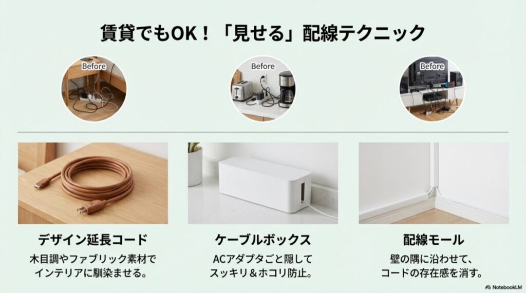 デザイン延長コード、ケーブルボックス、配線モールの使用前後の比較写真