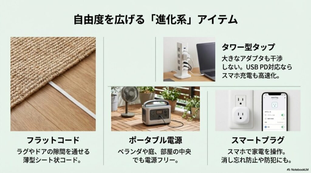 タワー型タップ、フラットコード、ポータブル電源、スマートプラグの紹介写真