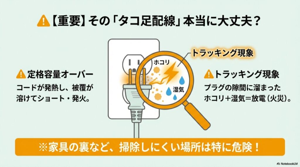 コンセントの隙間に溜まったホコリと湿気が原因で放電・発火する仕組みの図解