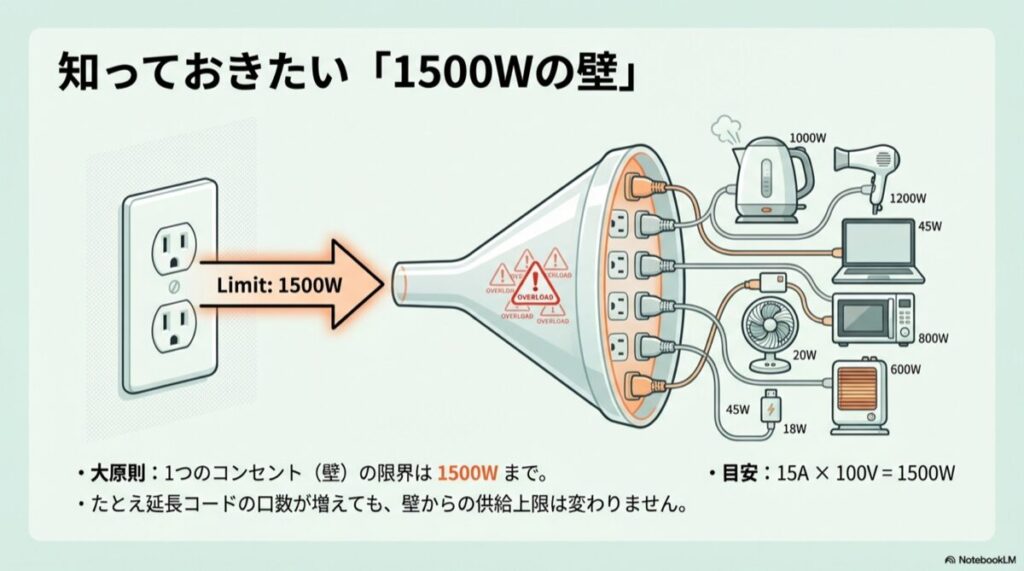壁のコンセントから複数の家電に分岐し、合計電力が1500Wを超えて「OVERLOAD」となっている図解