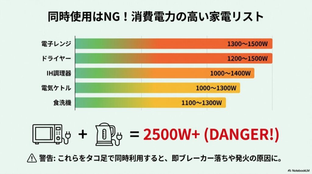 電子レンジやドライヤーなど、1000Wを超える家電の消費電力バーチャート