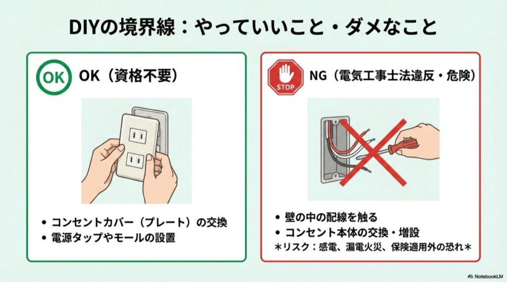 プレート交換などはOKだが、壁内部の配線やコンセント本体の交換は資格が必要であることの対照図