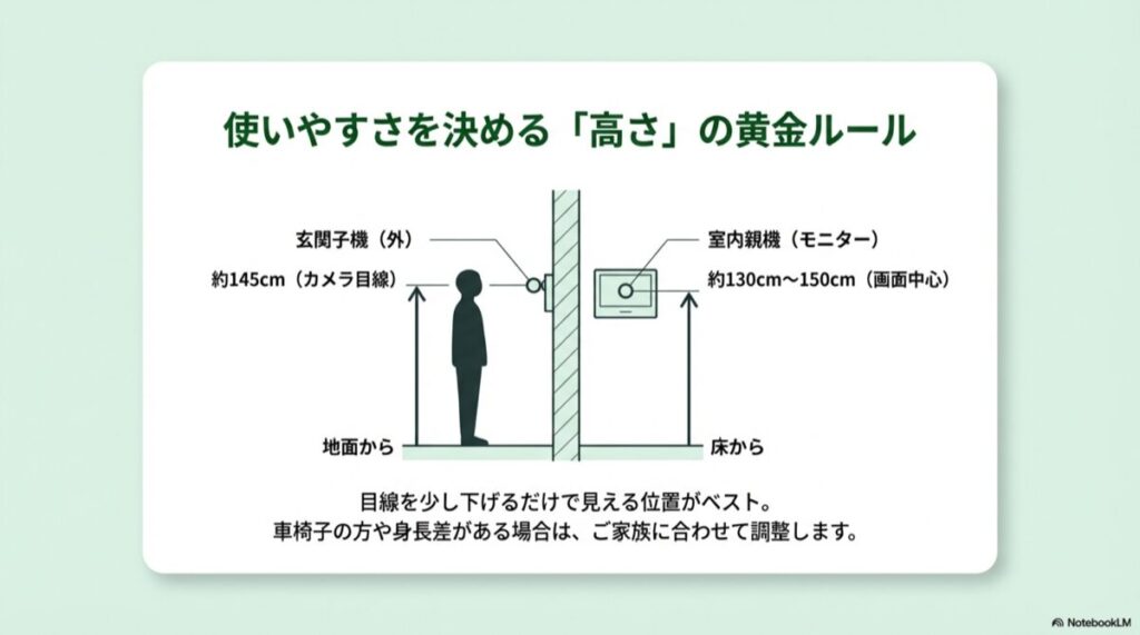 玄関子機は地面から145cm、室内親機は床から130cm〜150cmの高さを推奨する図解