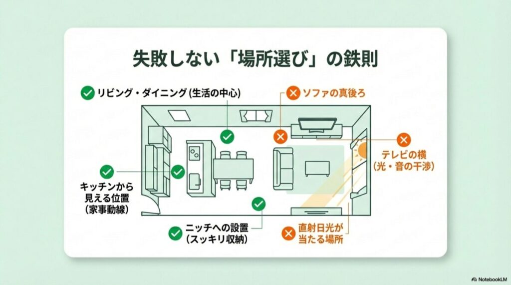 ソファ裏やテレビ横などNGな場所と、ニッチや家事動線上などOKな場所を示した間取り図