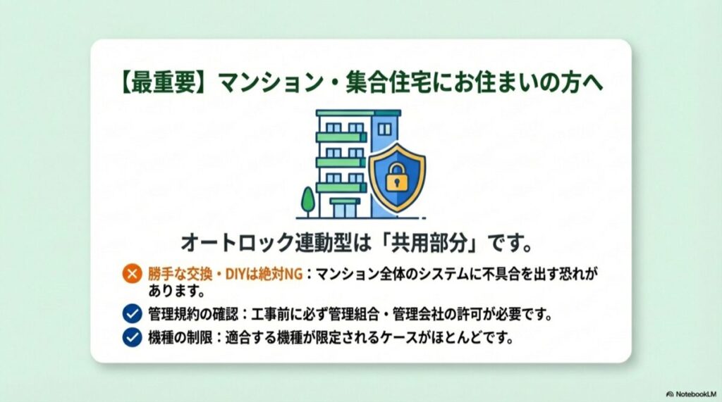 オートロック連動型は共用部扱いであり、勝手な交換がNGであることを示すイラスト