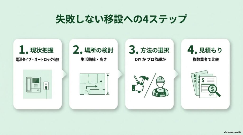 現状把握、場所検討、方法選択、見積もりという手順のフローチャート