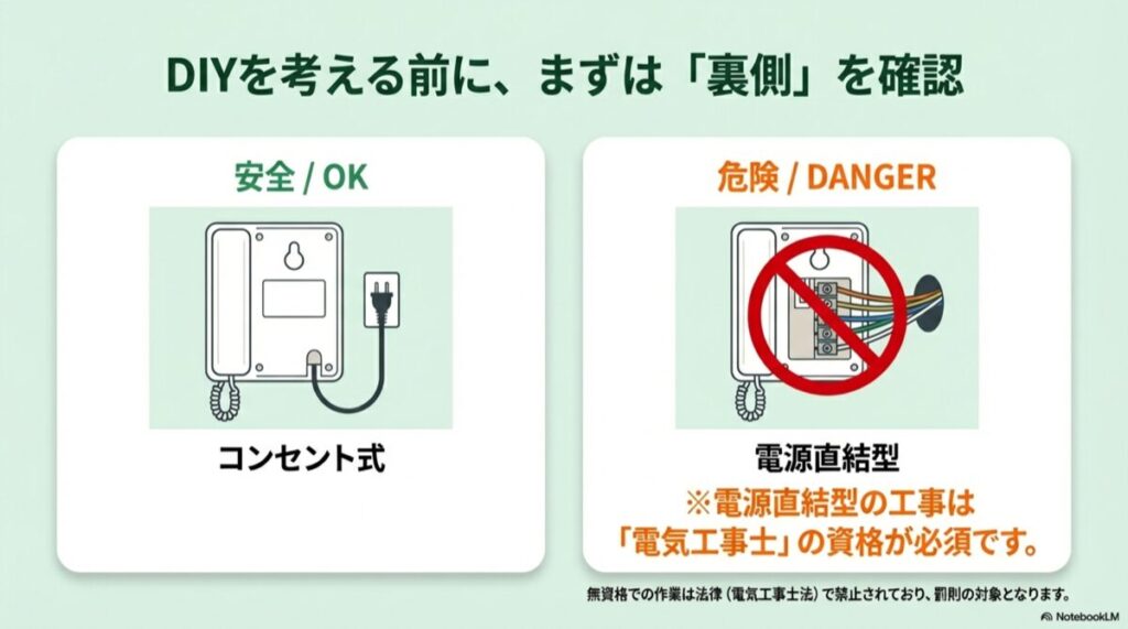 インターホン裏側の図解。電源コードがない直結型とプラグがあるコンセント式の見分け方