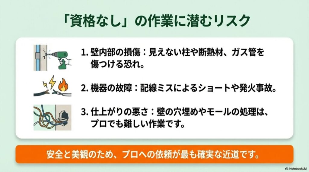 壁内部での配線トラブルや、ショート・発火事故の危険性を示すイラスト