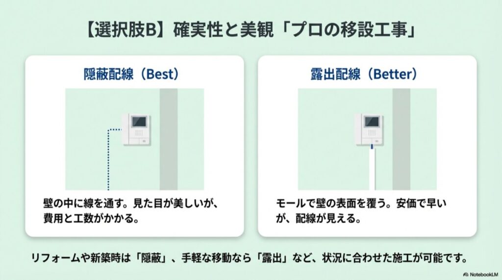 壁の中に隠す隠蔽配線と、モールで覆う露出配線の施工イメージ比較図