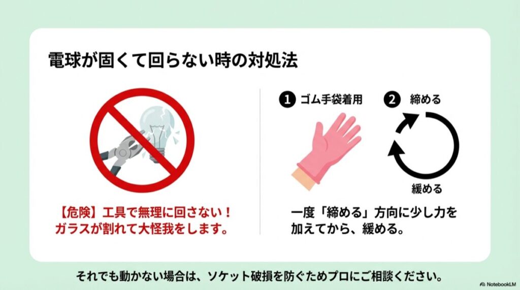 工具の使用禁止マークと、ゴム手袋で一度締めてから緩める手順の解説図