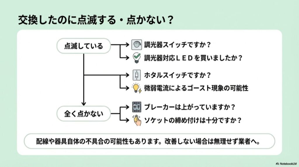 点滅・点灯しない際の原因(調光器、ほたるスイッチ、接触不良等)をまとめたフロー