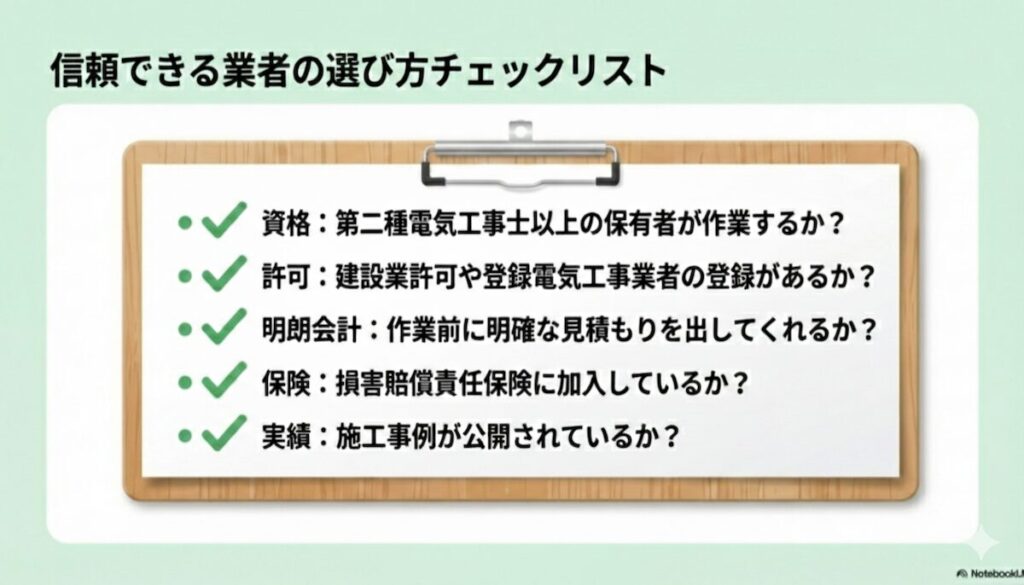 資格・許可・明朗会計・保険・実績の5項目をまとめたリスト