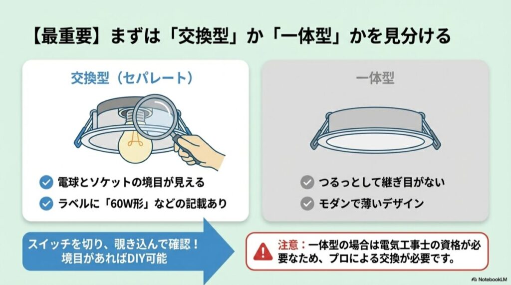 ルーペで電球とソケットの境目を確認する交換型と、継ぎ目のない一体型の比較図解
