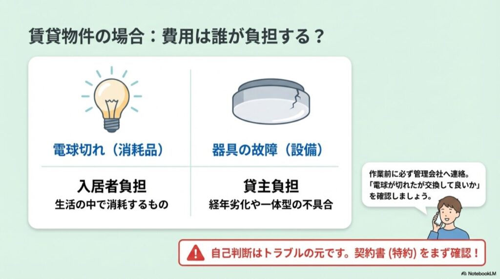 電球切れ(消耗品)は入居者負担、器具故障(設備)は貸主負担を示す電球と家のイラスト