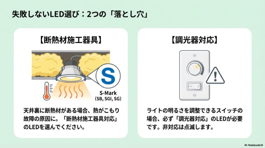 断熱材に囲まれた器具(Sマーク)と、調光器スイッチに注意を促す警告マークの図解