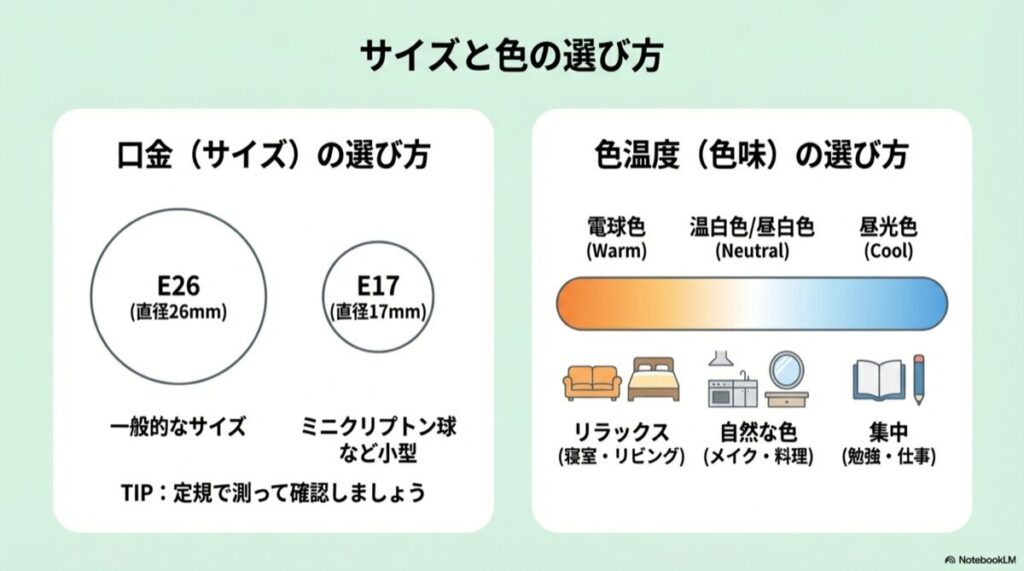 E26(26mm)とE17(17mm)のサイズ比較と、電球色・昼白色・昼光色の使い分け表