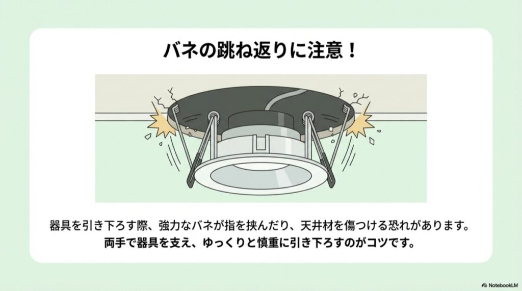 天井から引き出した器具の強力なバネが跳ね返るリスクを示すイラスト