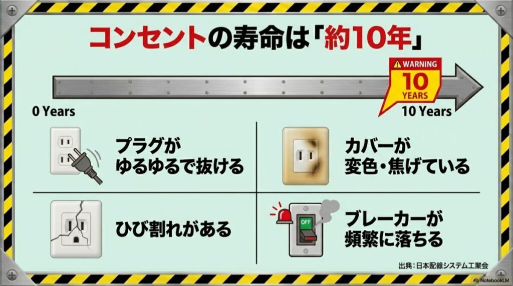 設置から10年を基準とした、劣化のサイン(変色、ひび割れ、ゆるみ)の図解