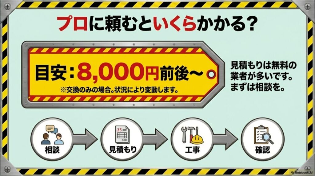 コンセント交換の費用目安「8,000円前後〜」と、相談から確認までのフロー図