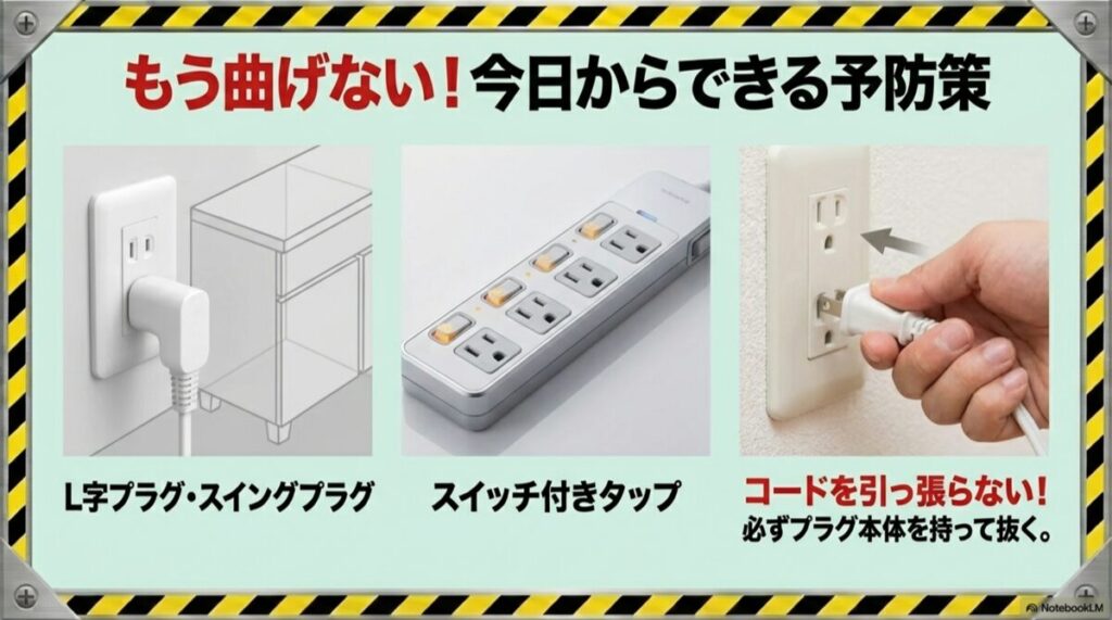 L字プラグの使用例、スイッチ付きタップ、正しいプラグの持ち方の写真