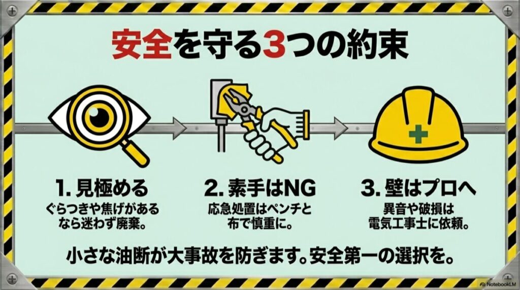 「見極める」「素手はNG」「壁はプロへ」という3つのポイントをまとめたイラスト