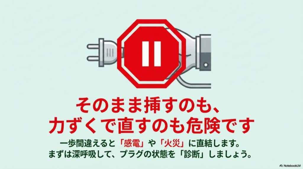 停止信号のマークと電源プラグ。無理に直すことの危険性を警告するイラスト