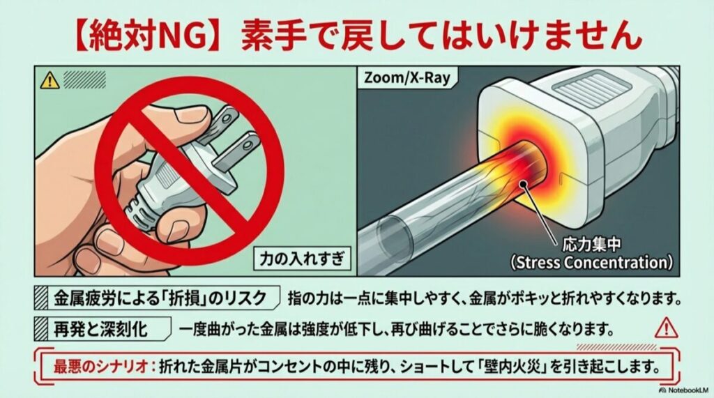 手でプラグを曲げようとする禁止マークと、内部の応力集中により折れやすくなる仕組みの図解